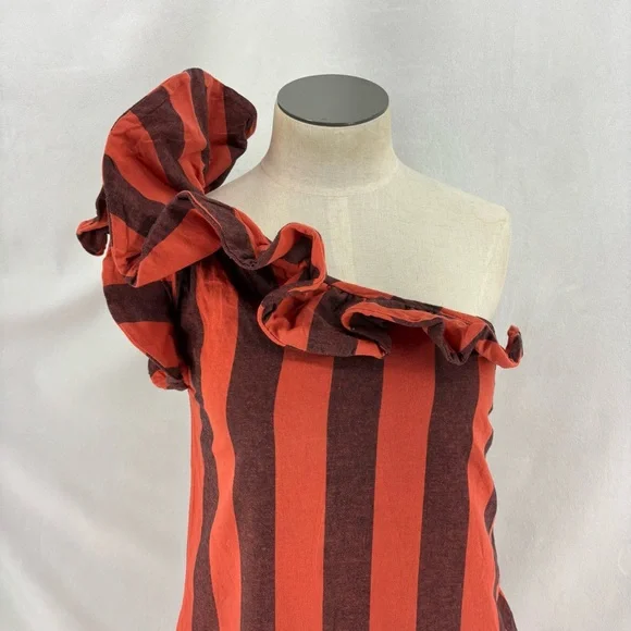 One-Shoulder Ruffle Midi Skirt in Rust and Black Stripe - Picture 9 of 11